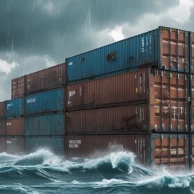 shipping containers stacked in a hurricane