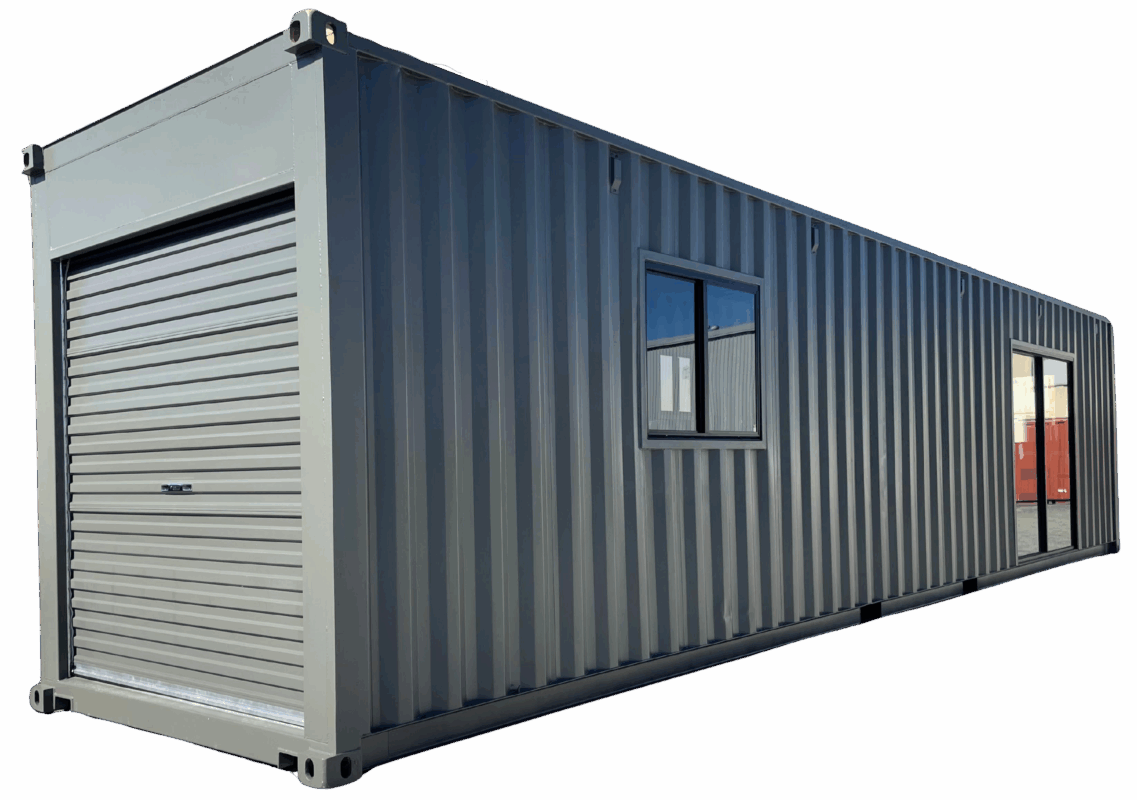 shipping container with sliding glass door and window
