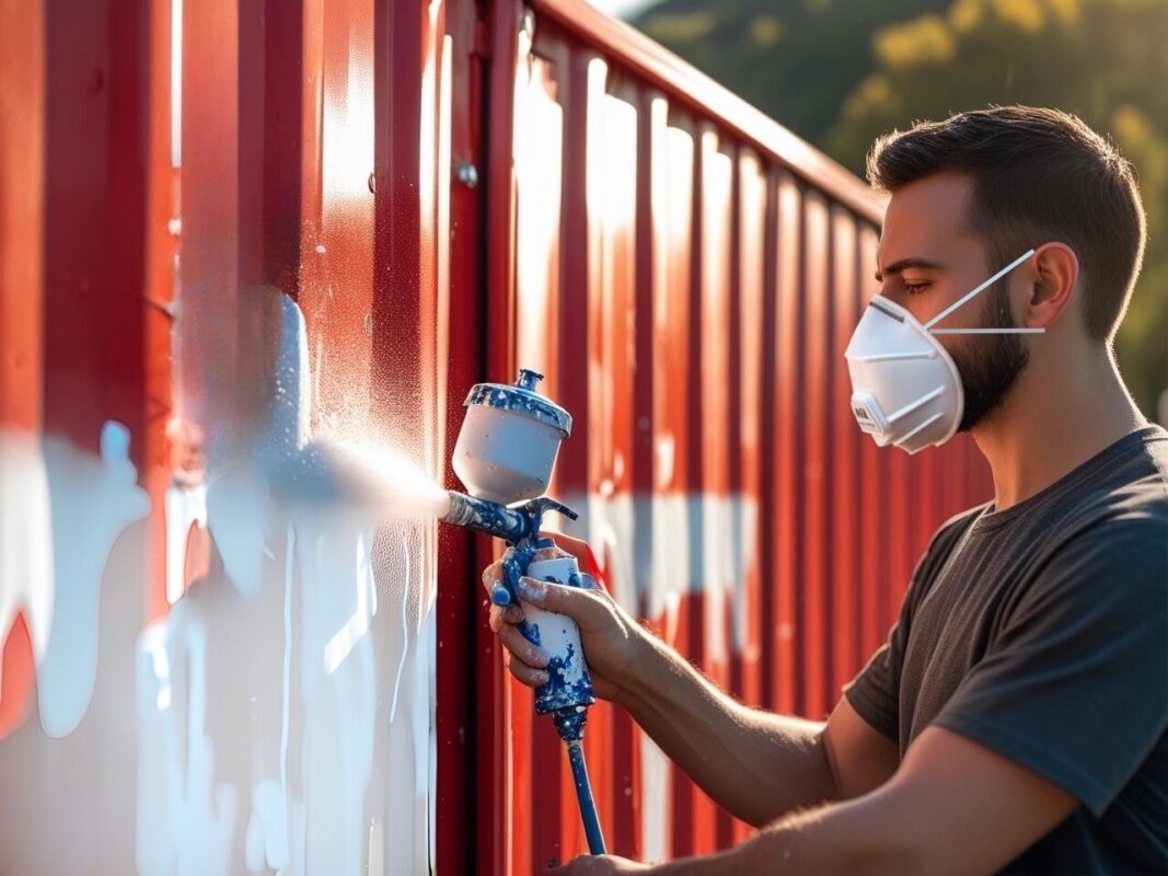 spray painting a used shipping container